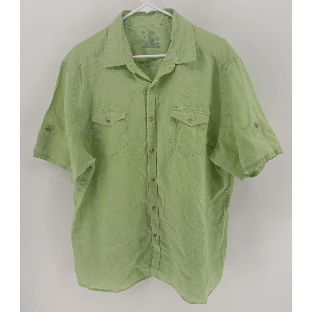 Islander 100% Linen Shirt Green Button Up Short Sleeve Men XL Aloha Camp Safari